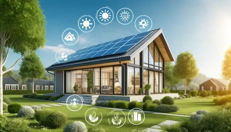 A modern, energy-efficient home with solar panels on the roof, large high-performance windows, and a well-insulated structure.