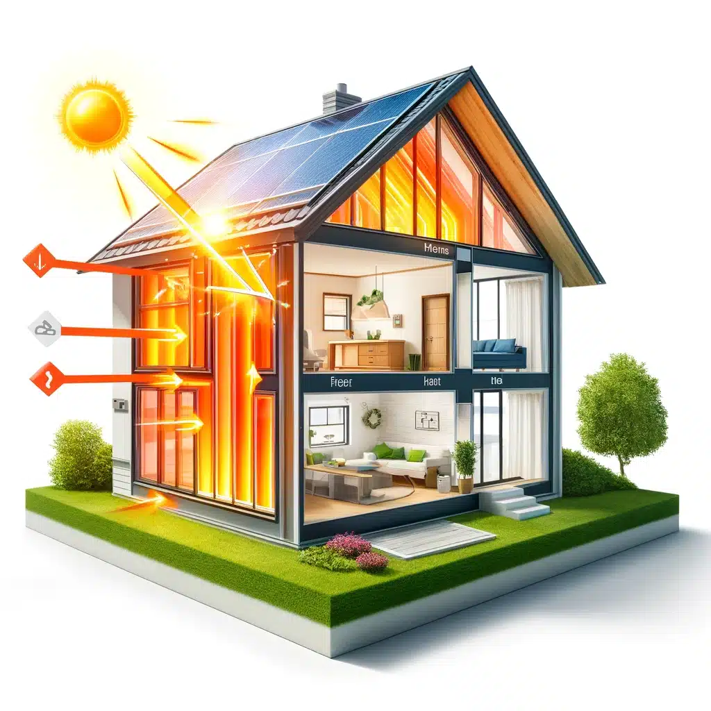 A high-quality graphical cross-section illustration of a house showing the concept of solar heat gain. The cross-section should include sunlight enter