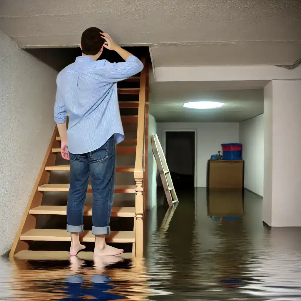 A person standing in flooded basement