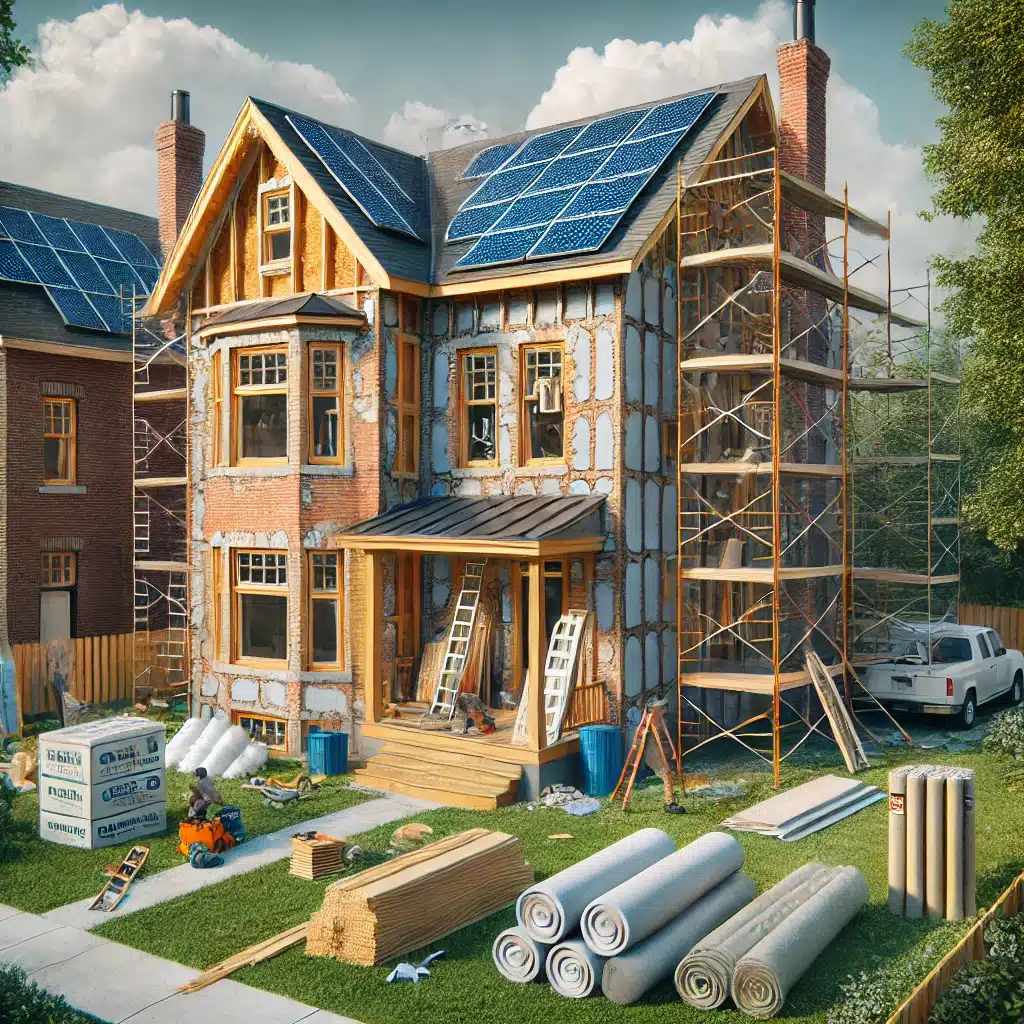 An older brick house undergoing net zero renovations to become a net zero home. The house has scaffolding, energy-efficient windows being installed, an