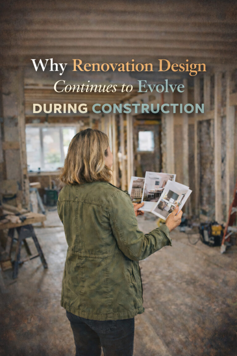 Woman standing in a renovation comparing design options