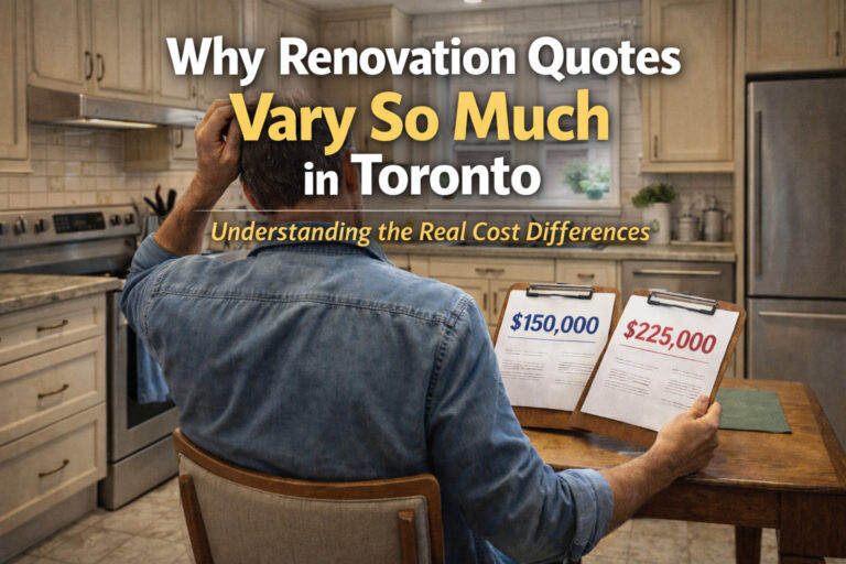 Man in kitchen reviewing two renovation quotes