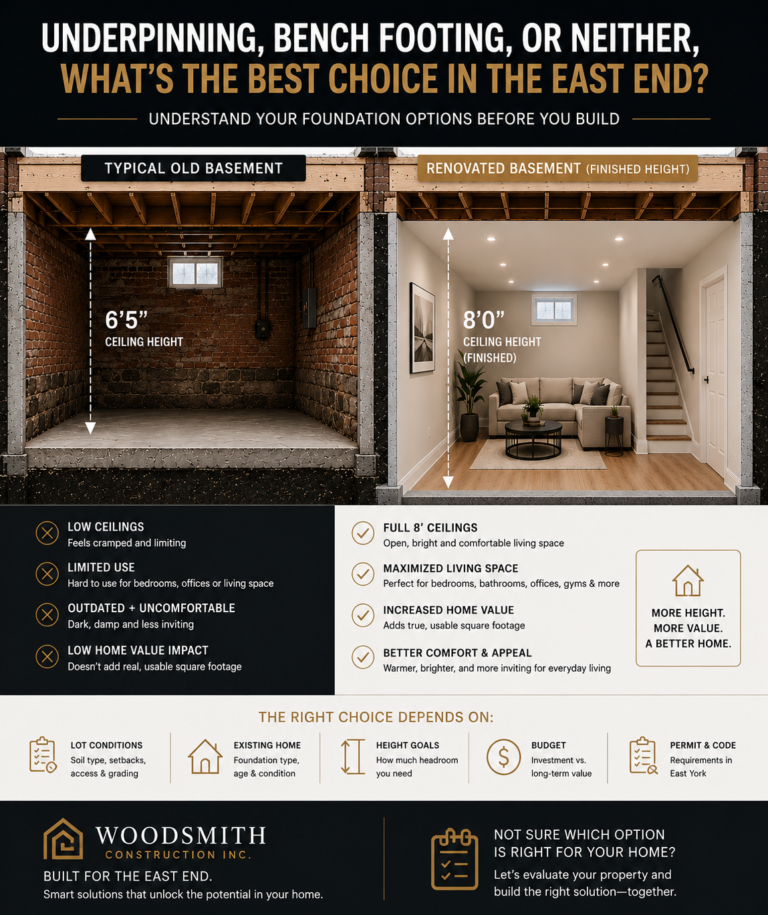 Comparison of a typical old East-Toronto basement with 6 foot 5 inch ceilings versus a renovated, underpinned basement with 8 foot finished ceiling height — Woodsmith Construction guide to basement foundation options.