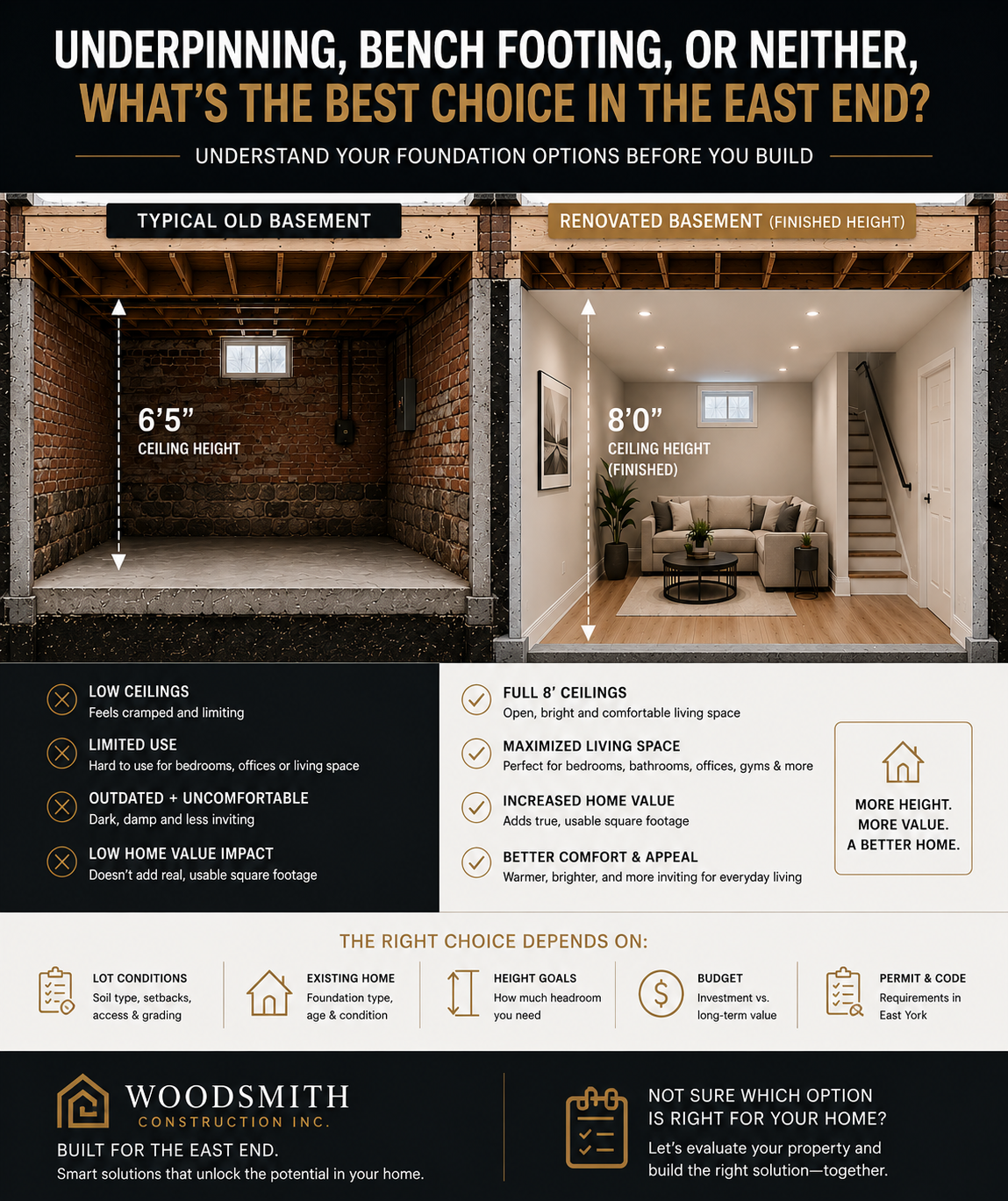Comparison of a typical old East-Toronto basement with 6 foot 5 inch ceilings versus a renovated, underpinned basement with 8 foot finished ceiling height — Woodsmith Construction guide to basement foundation options.