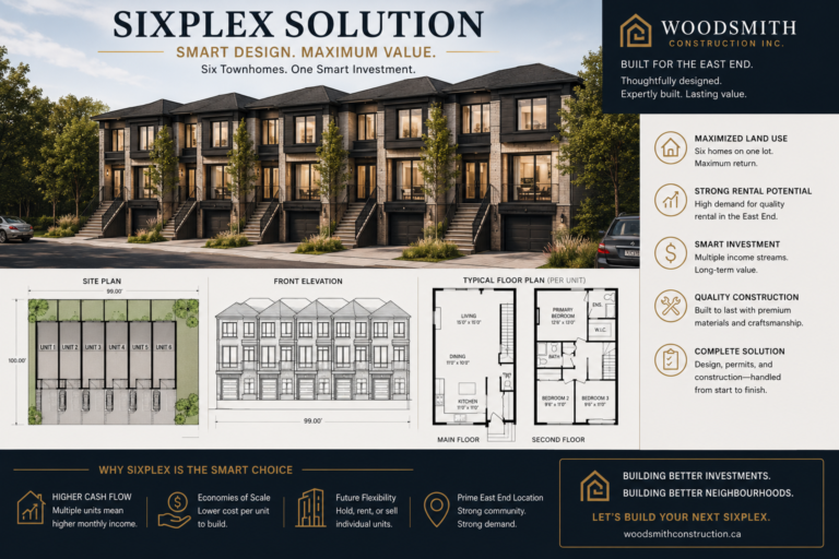 Woodsmith Construction sixplex solution infographic — a six-townhome multiplex with site plan, front elevation, and floor plans for an older East-Toronto lot.
