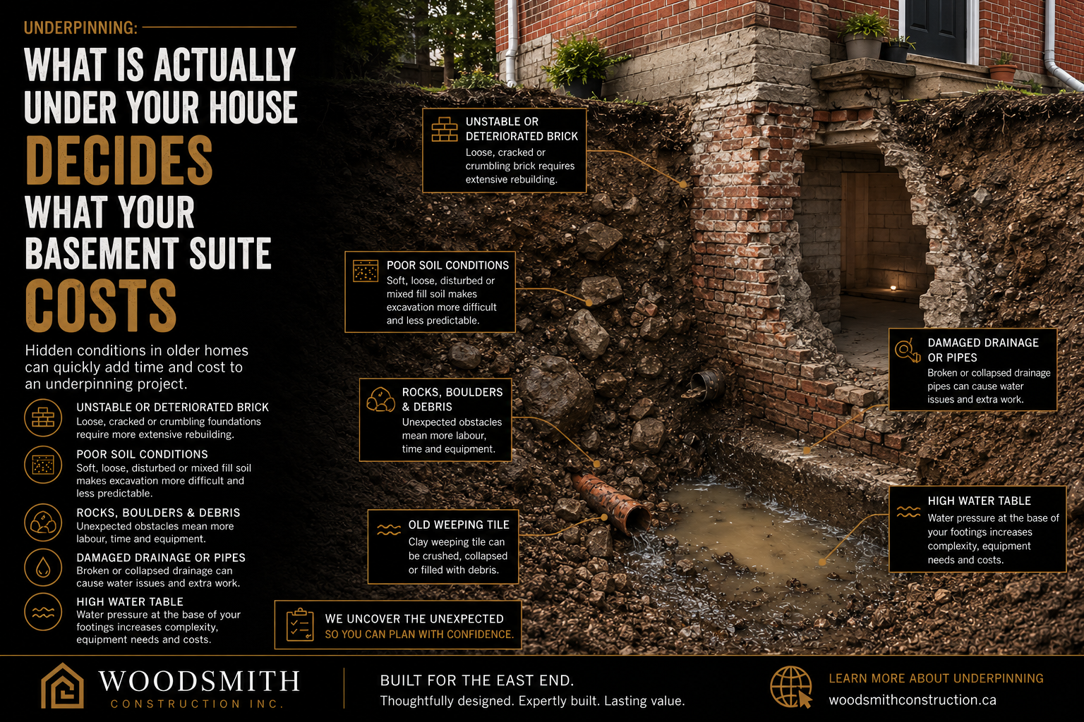 Cutaway of a Toronto basement underpinning excavation showing the hidden conditions that decide what a legal basement suite costs — deteriorated brick foundation, poor soil, boulders, damaged drainage, old weeping tile and a high water table.