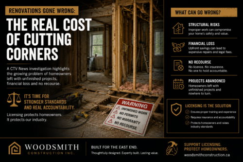 Woodsmith Construction infographic, 'Renovations Gone Wrong: The Real Cost of Cutting Corners,' showing a gutted East Toronto home with exposed framing and a warning sign reading no permits, no warranty, no recourse — highlighting structural risks, financial loss and abandoned projects, and how renovator licensing protects homeowners.