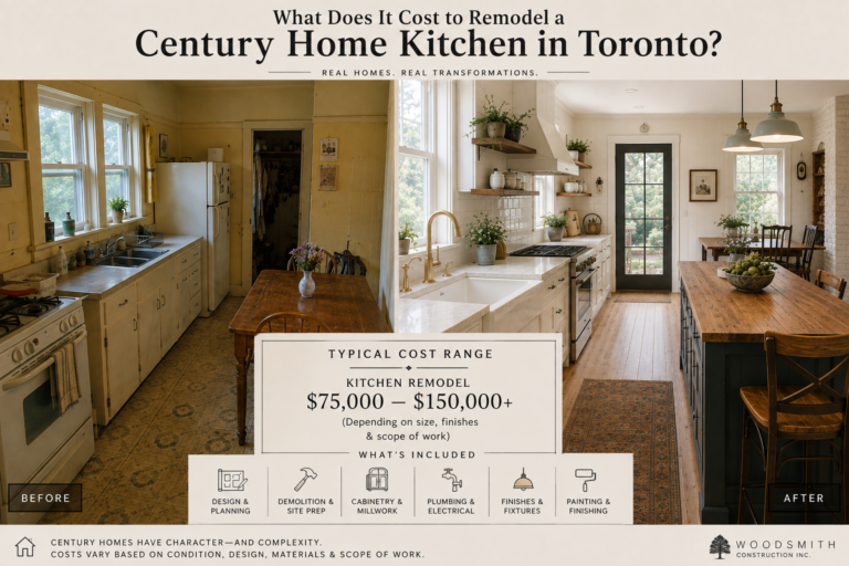 Before and after of a century home kitchen renovation in East Toronto, with the typical cost range of $75,000 to $150,000 and what it includes