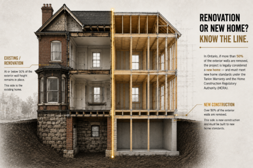 Cross-section of a Toronto century home mid-renovation showing a retained brick foundation beneath new wood framing, with a gold line marking where a renovation legally becomes a new home