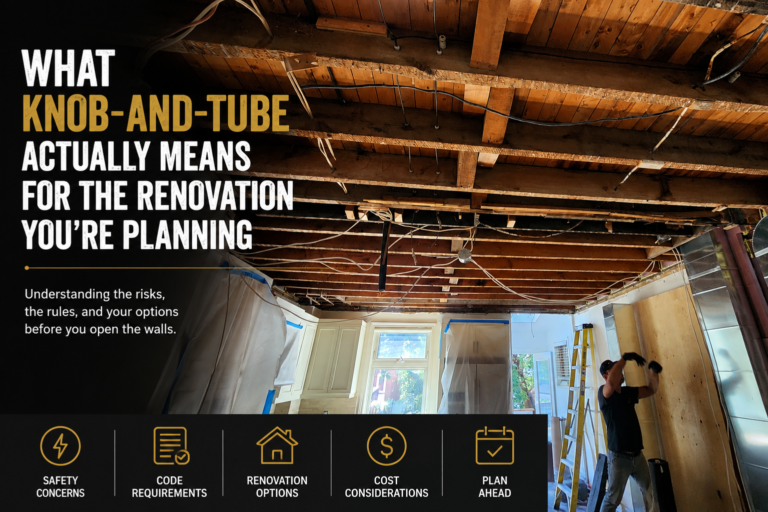Ceiling stripped back to the joists in an older East Toronto home, exposing runs of old knob-and-tube and later wiring hidden above the finished rooms below.