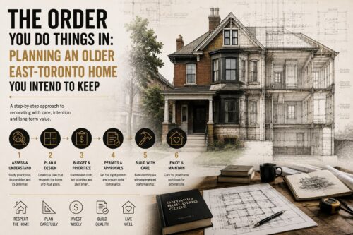 Six-step sequence for planning a renovation of an older East Toronto home — assess, plan, budget, permits, build, maintain — over a century home drawn half as a photograph and half as a construction section.