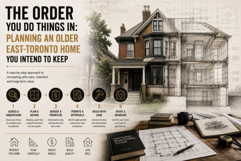 Six-step sequence for planning a renovation of an older East Toronto home — assess, plan, budget, permits, build, maintain — over a century home drawn half as a photograph and half as a construction section.