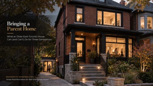 Red-brick East Toronto home lit at dusk with family inside and a separate side entrance, titled Bringing a Parent Home