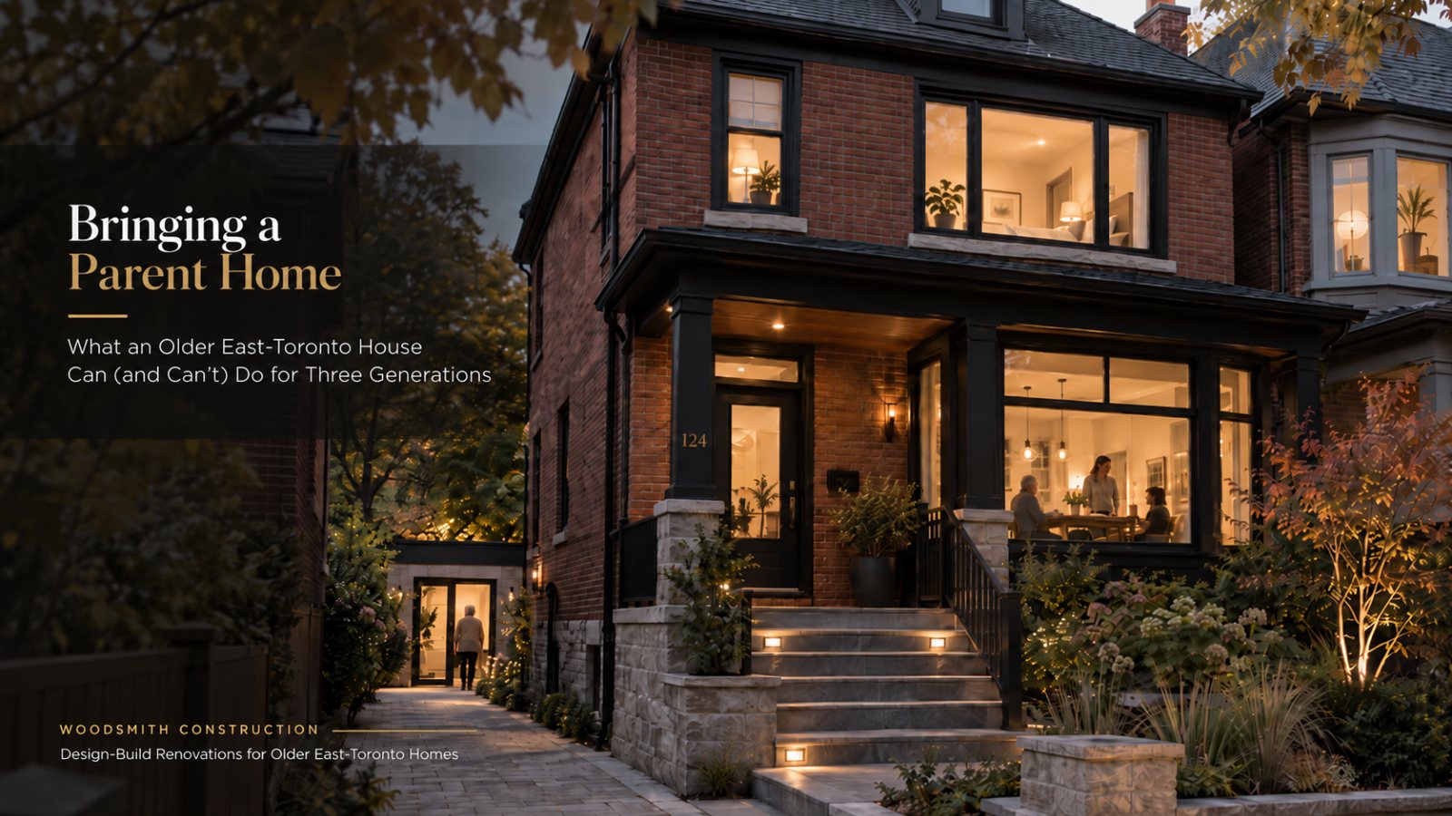 Red-brick East Toronto home lit at dusk with family inside and a separate side entrance, titled Bringing a Parent Home