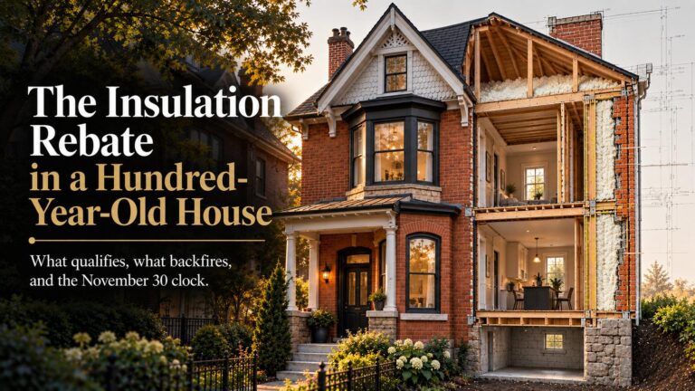 Photorealistic cutaway of a red-brick Victorian house on a leafy East Toronto street at golden hour, one side opened to show blown-in attic insulation, framing and solid brick walls, beside the title The Insulation Rebate in a Hundred-Year-Old House.