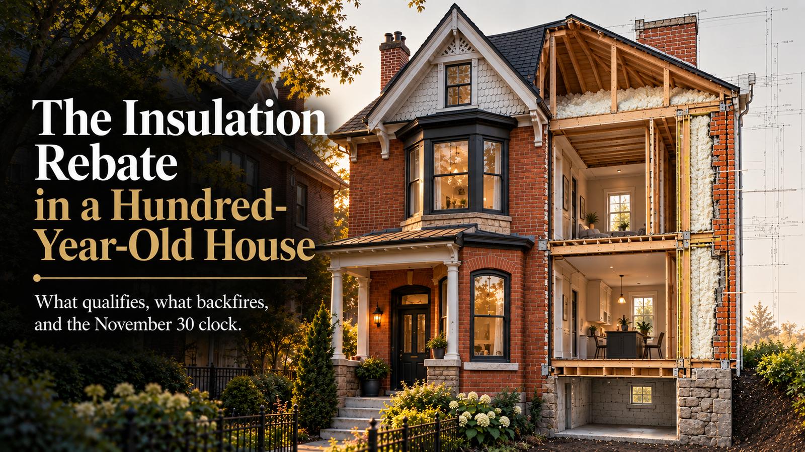 Photorealistic cutaway of a red-brick Victorian house on a leafy East Toronto street at golden hour, one side opened to show blown-in attic insulation, framing and solid brick walls, beside the title The Insulation Rebate in a Hundred-Year-Old House.
