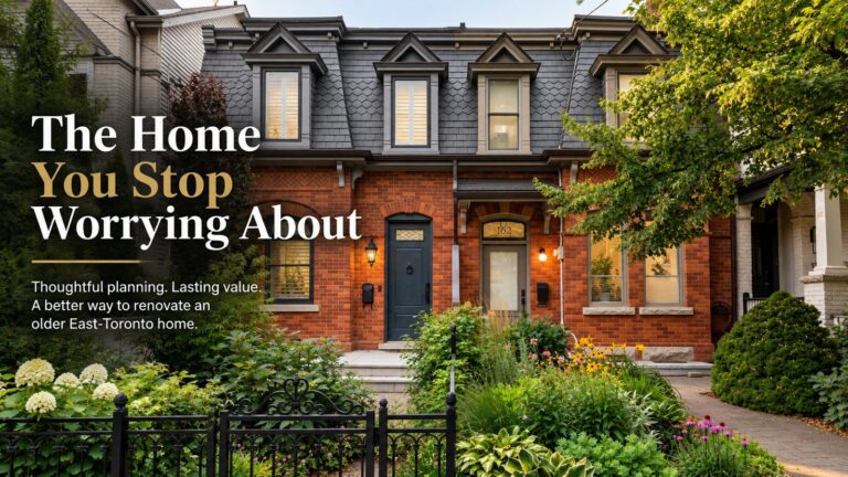 Renovated red brick Victorian home in East Toronto with the words The Home You Stop Worrying About