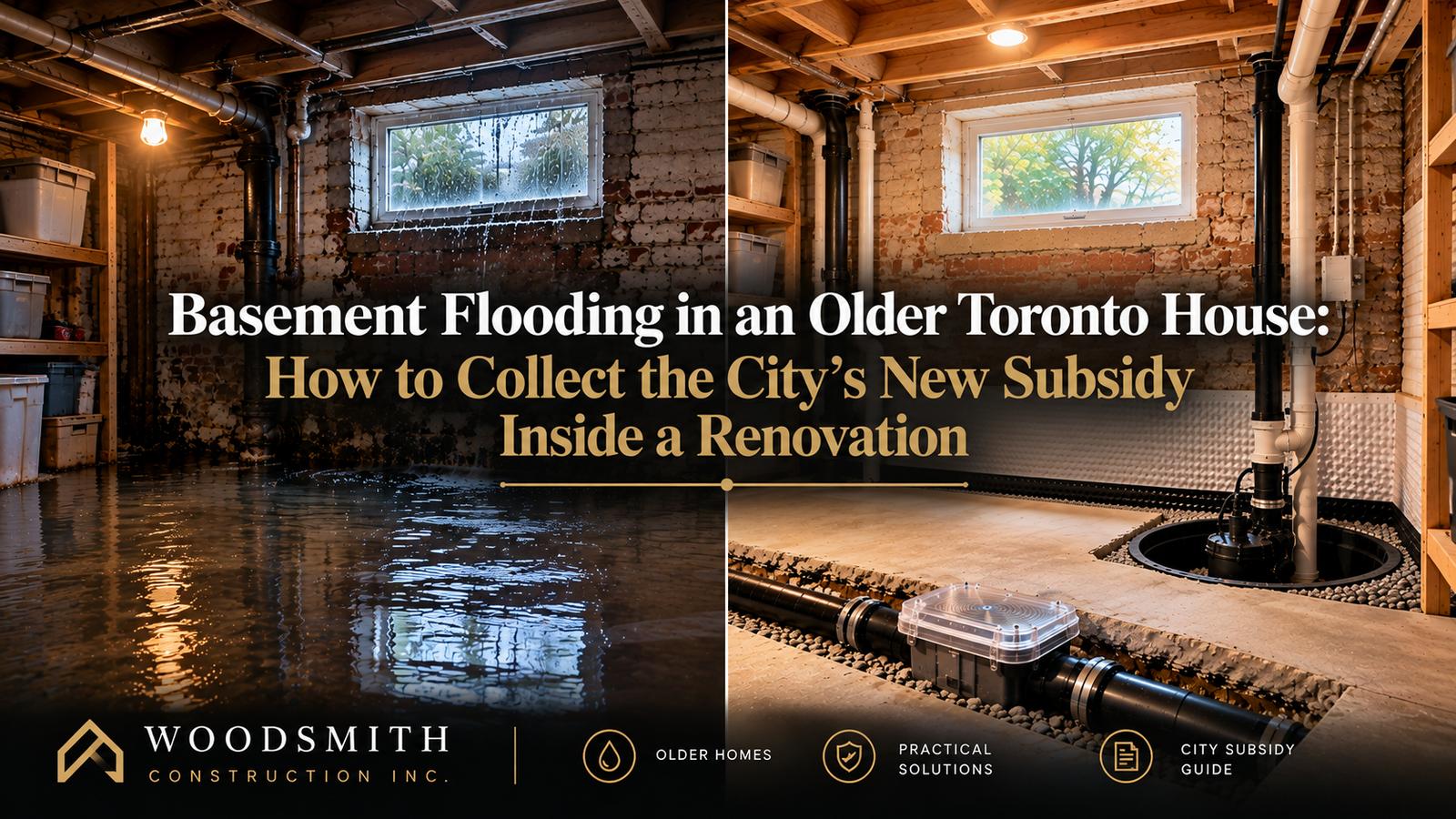 Split view of an older Toronto basement: on the left, a flooded floor below a brick foundation wall; on the right, the same basement with a new sump pump pit and a clear-lidded backwater valve set in the floor trench.
