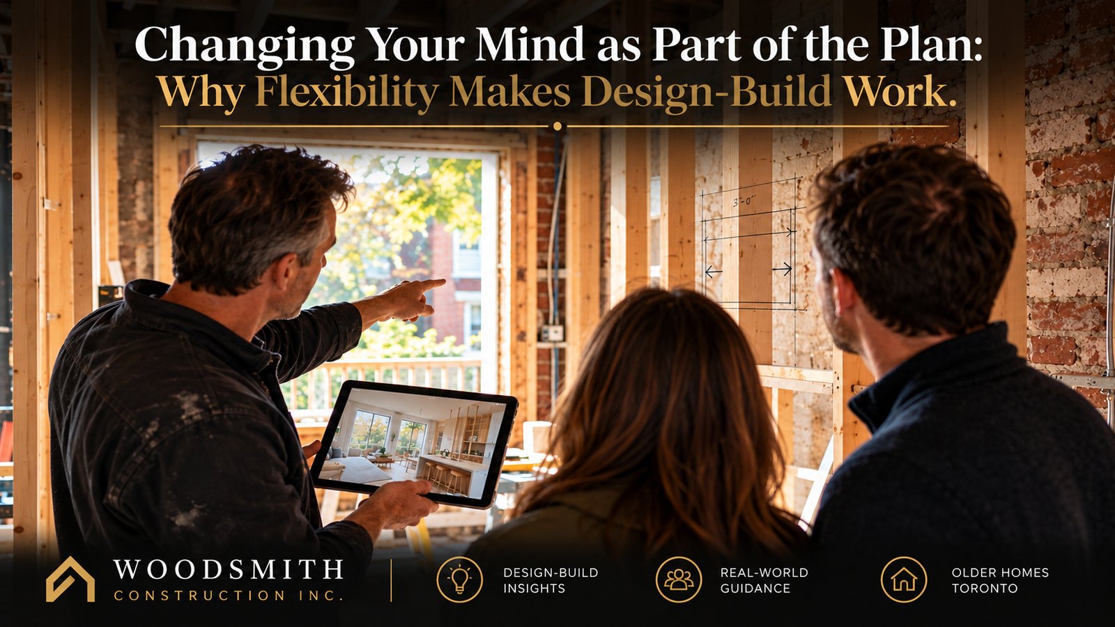 Woodsmith designer pointing out a window change in a newly framed older Toronto brick house while a couple looks at a 3D rendering on a tablet